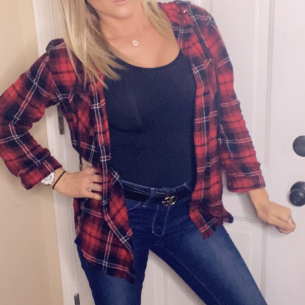 Red and black flannel with hood